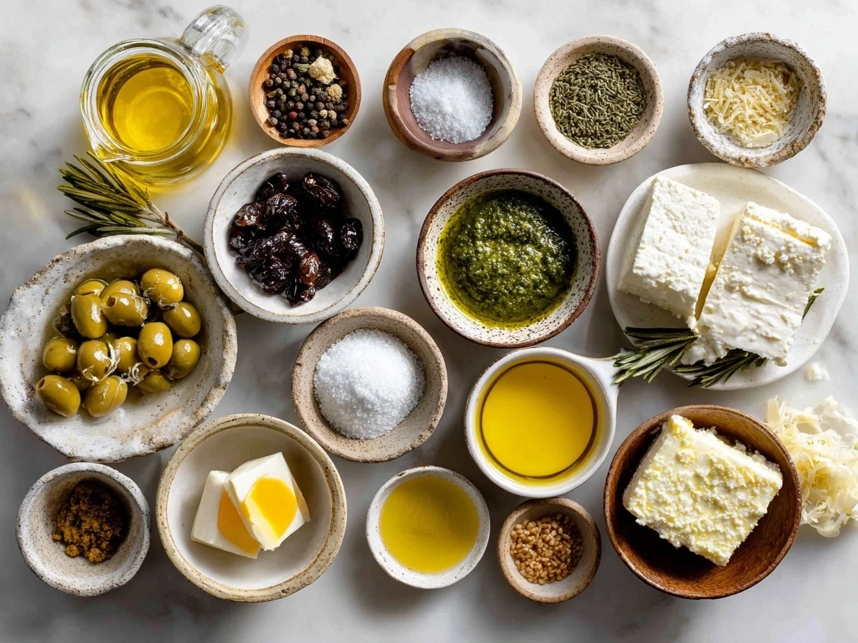 Raw ingredients for TikTok Baked Feta Pasta with Pesto neatly arranged on a kitchen counter