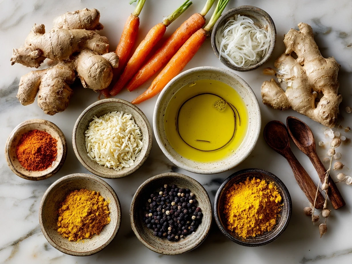 Raw ingredients for Turmeric Ginger Chicken Noodle Soup including onion, garlic, ginger, turmeric, chicken, noodles, carrots, celery and broth
