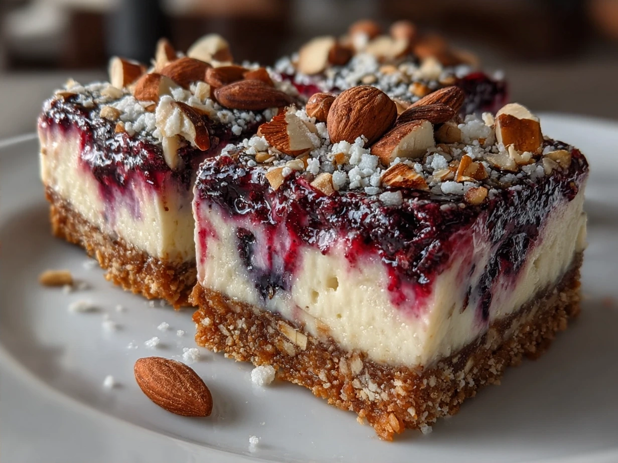 Final presentation of Raw Vegan Blueberry Cheesecake Bars, creamy and swirled with blueberries
