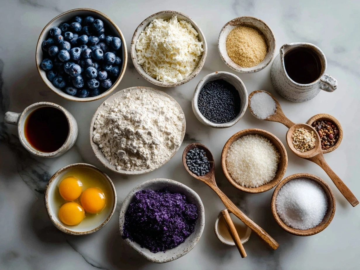 Ingredients laid out for making Raw Vegan Blueberry Cheesecake Bars including cashews, dates, almonds, blueberries, and coconut oil