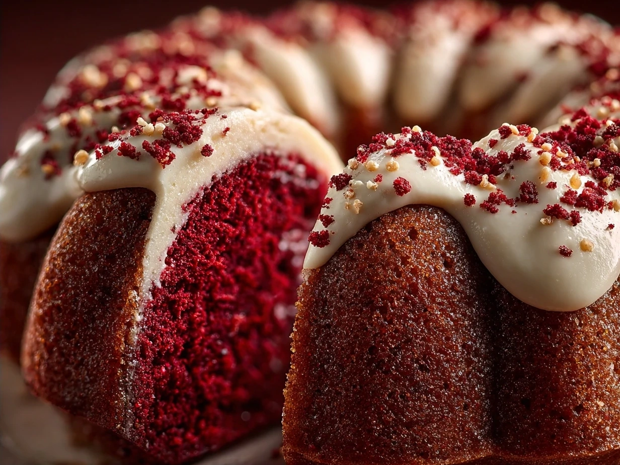 Red Velvet Cream Cheese Bundt Cake finished and sliced on a serving plate