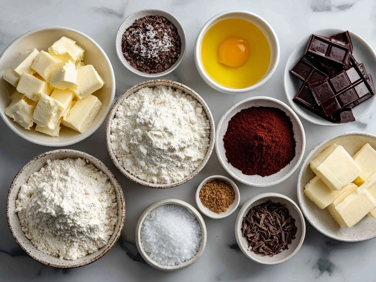 Ingredients for Red Velvet Cream Cheese Bundt Cake laid out on a table
