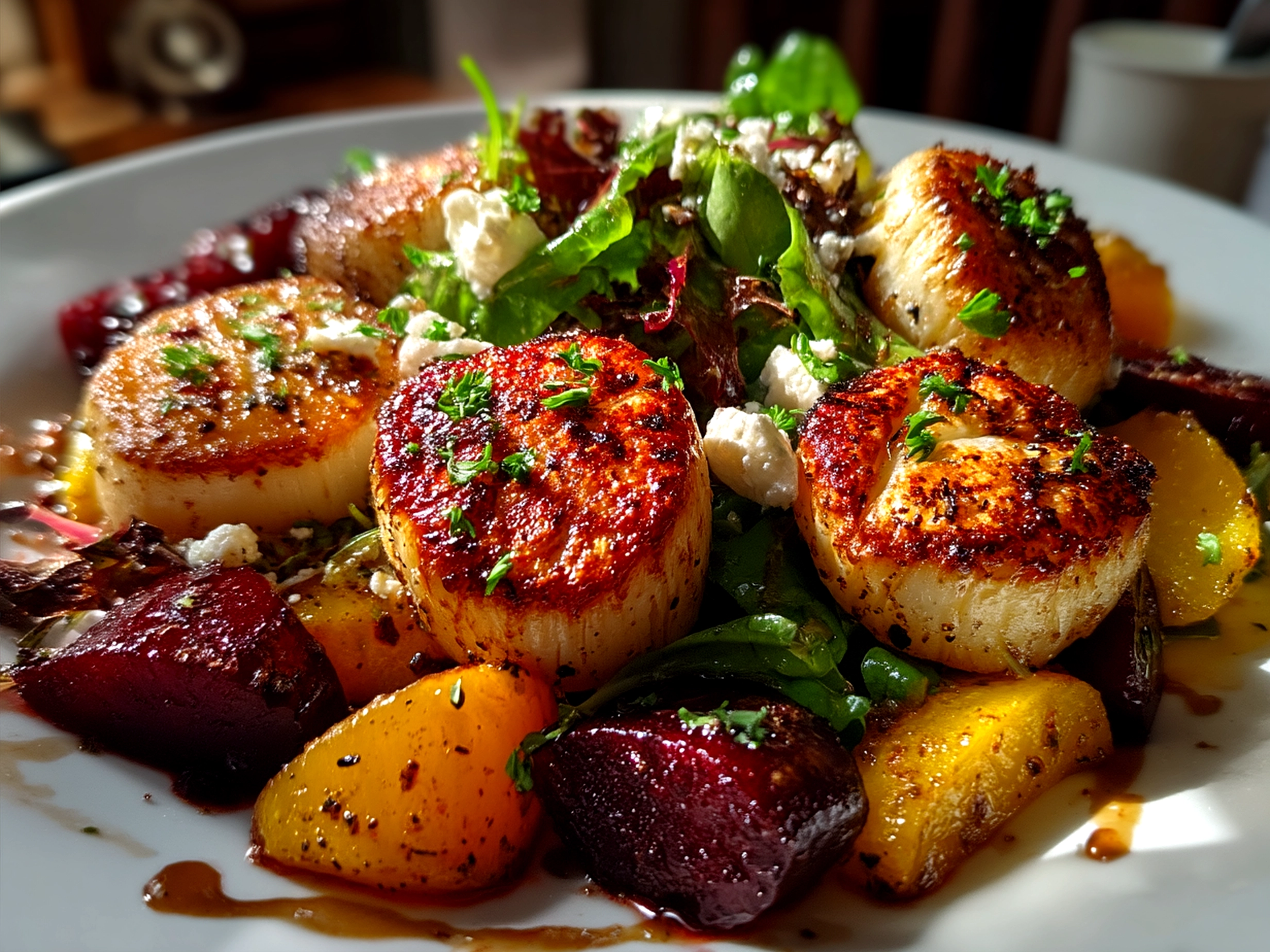 Plated Roasted Beet Goat Cheese salad served with greens and nuts