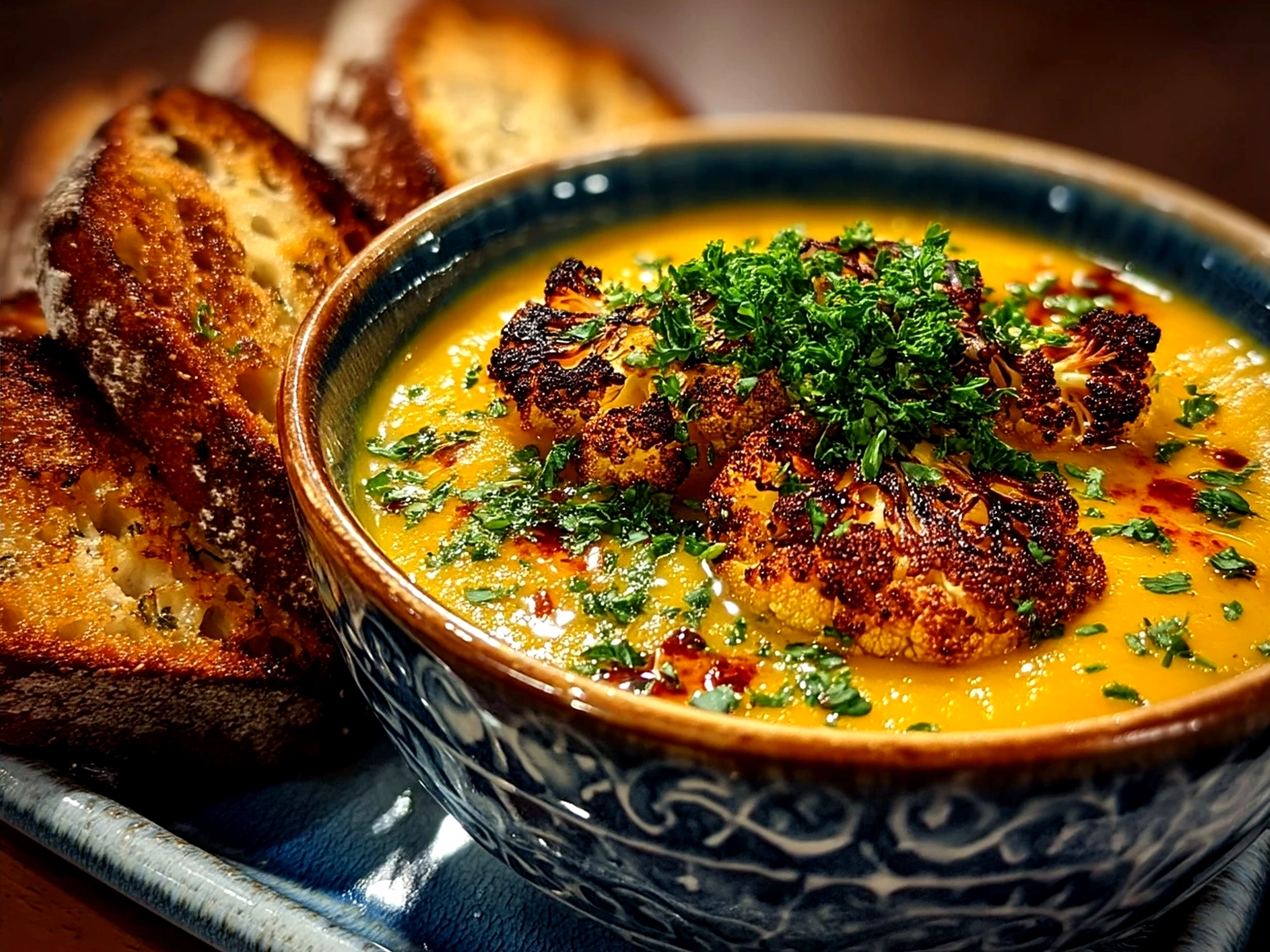 Freshly served Roasted Cauliflower Soup garnished with parsley