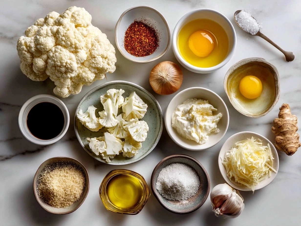 Ingredients for Roasted Cauliflower Soup: cauliflower, olive oil, onion, garlic, vegetable broth, and spices