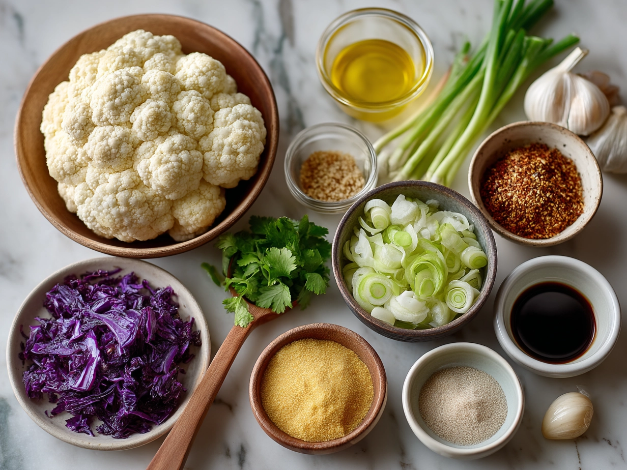 Ingredients for roasted cauliflower tacos including cauliflower, spices, tortillas, cabbage, and lime