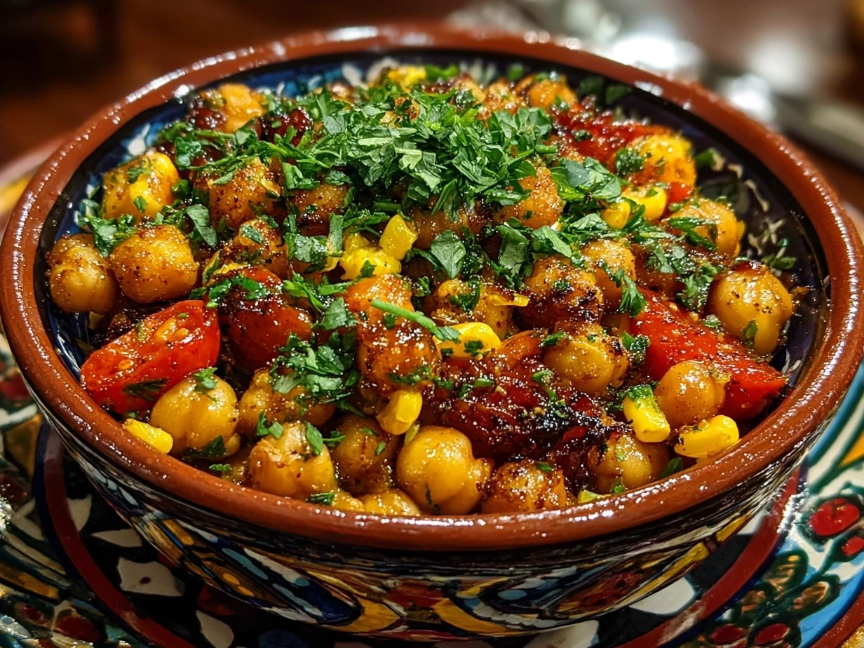 Final serving of Roasted Chickpea Corn Mix in a bowl showcasing its crunchy texture and rich color