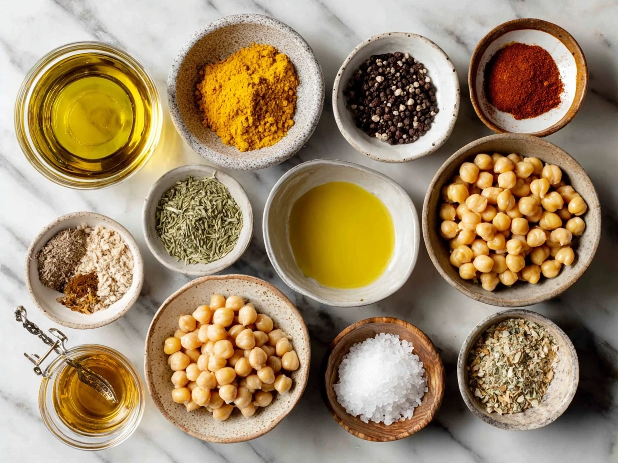 Ingredients for Roasted Chickpea Corn Mix including canned chickpeas, frozen corn, olive oil, and spices