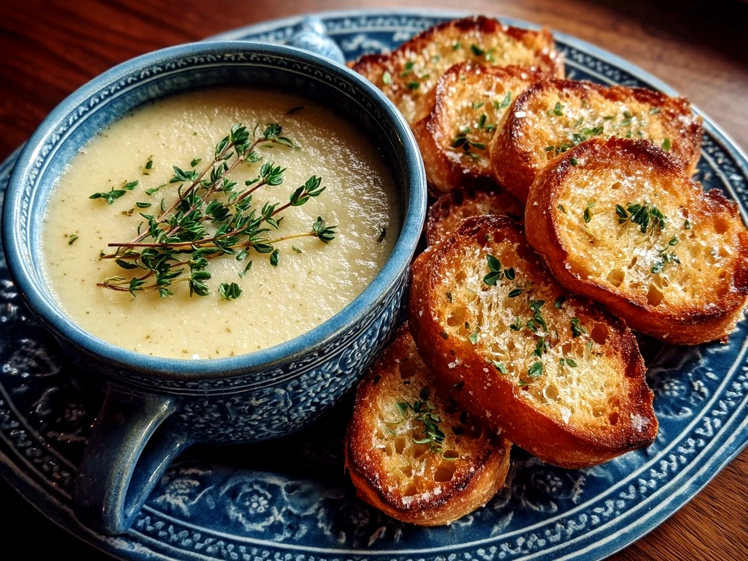 Bowl of creamy Roasted Parsnip Soup with Thyme garnished with fresh thyme and drizzle of olive oil