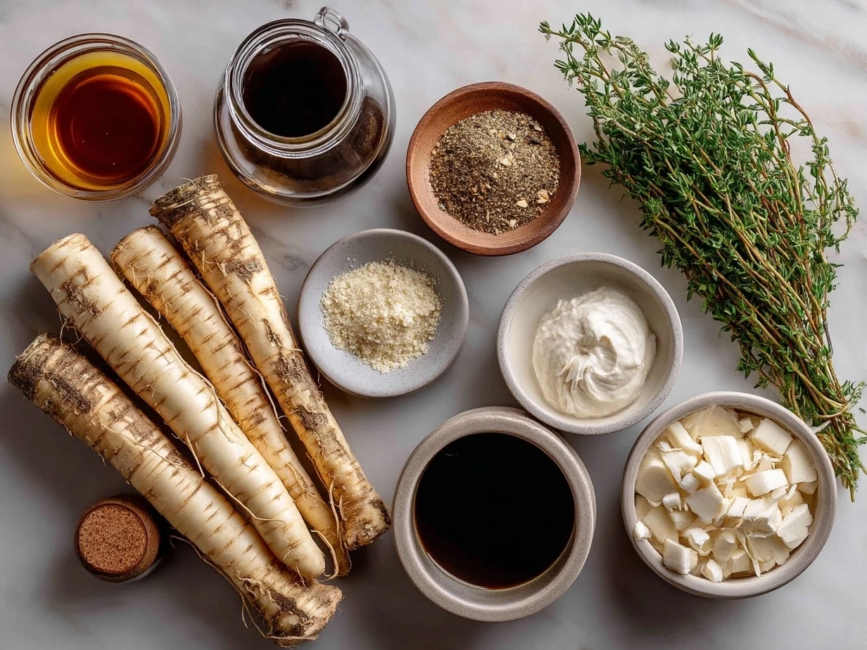 Ingredients for Roasted Parsnip Soup with Thyme laid out on a kitchen counter