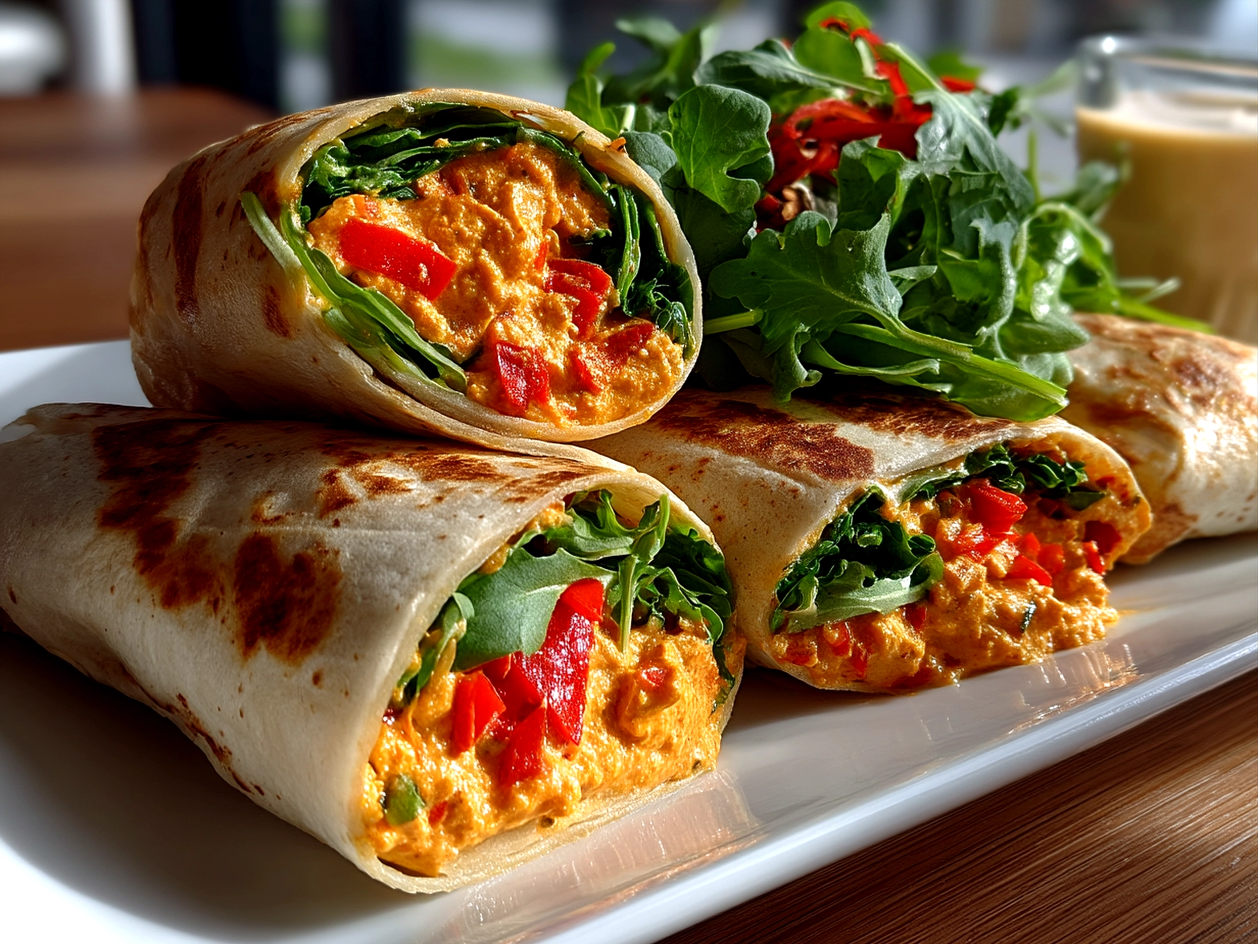 Finished Roasted Red Pepper Hummus Wraps served and ready to eat with fresh greens on the side