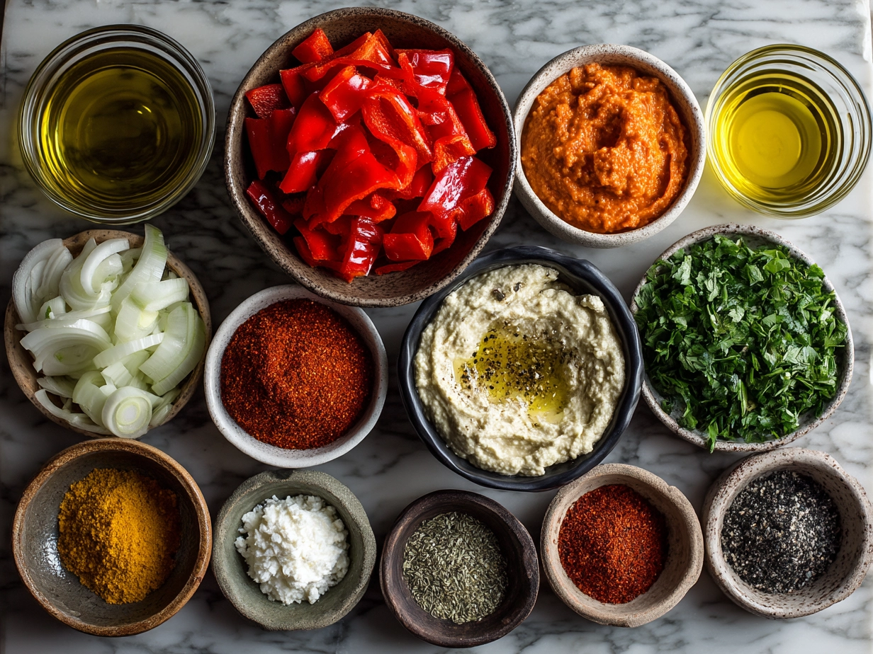Ingredients for Roasted Red Pepper Hummus Wraps including tortillas, cucumber, red pepper hummus, and fresh veggies