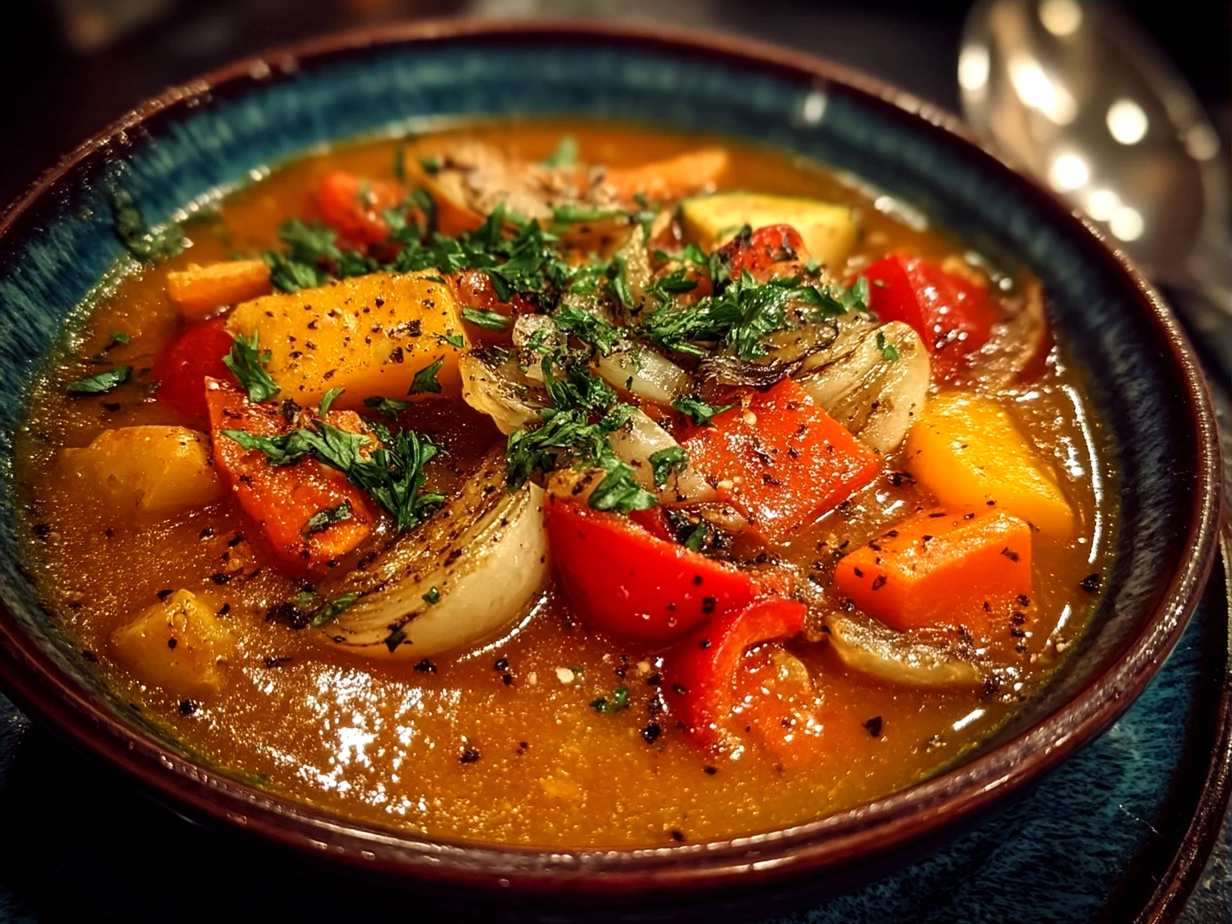 Serving bowl of creamy roasted veg soup with fresh herbs