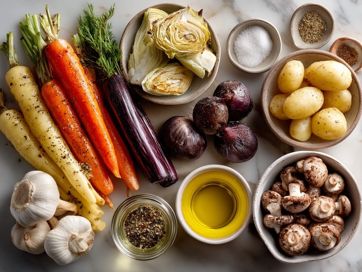 Ingredients for Roasted Veg Soup including mixed vegetables, tomatoes, garlic, olive oil, vegetable broth, and herbs