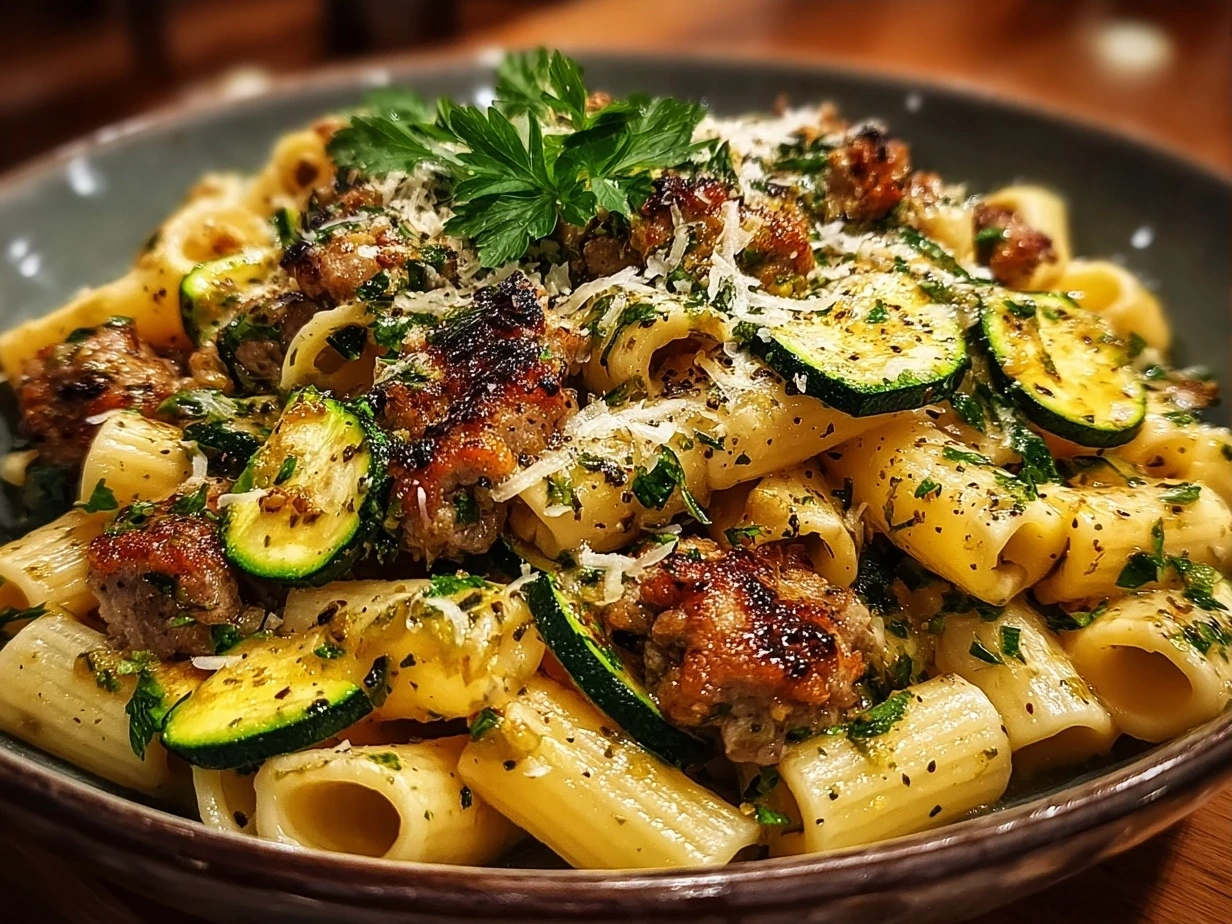A delicious final serving of sausage and courgette pasta garnished with fresh herbs and grated Parmesan cheese.