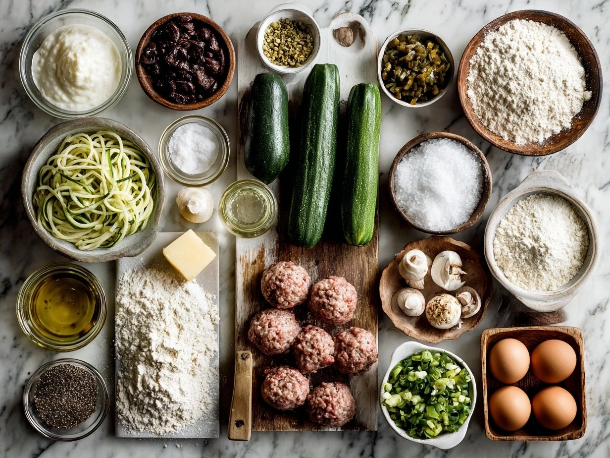 Ingredients laid out for sausage and courgette pasta including Italian sausage, courgettes, pasta, garlic, onions, olive oil, and spices.