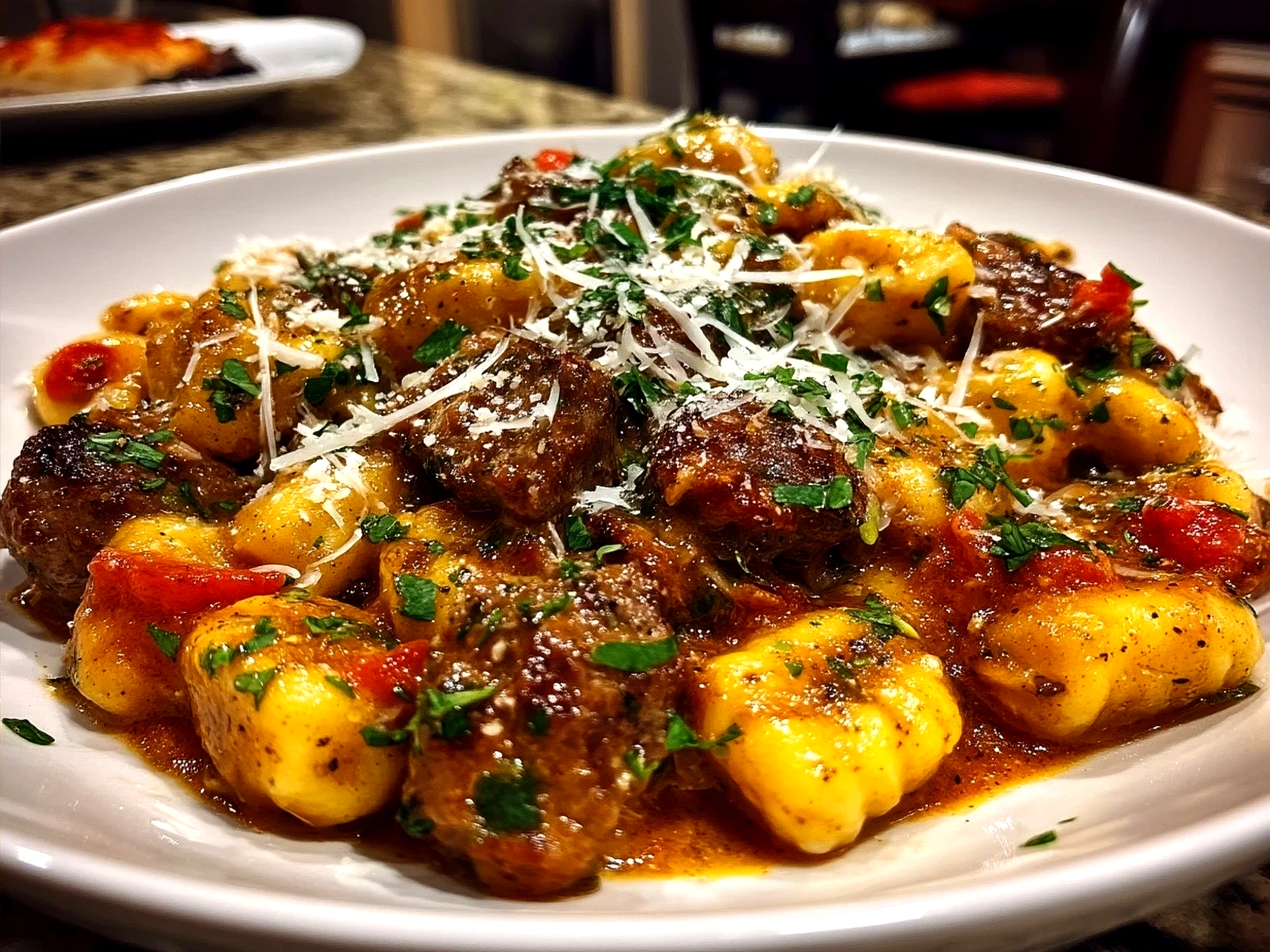 Creamy sausage gnocchi served with a side of fresh arugula salad