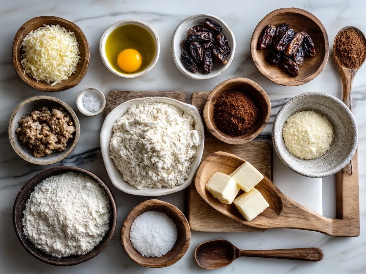 Ingredients for sausage gnocchi including potato dumplings, pork sausage, onion, garlic, heavy cream, Parmesan cheese, olive oil, and herbs