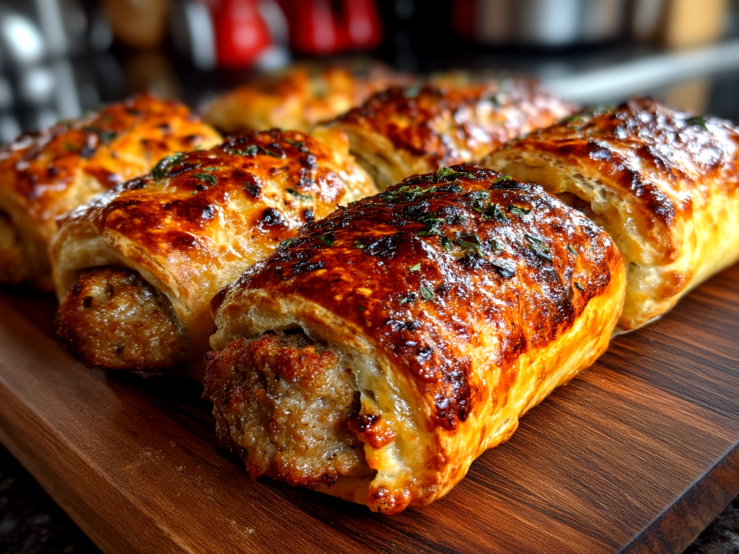 Freshly baked sausage rolls on a serving tray ready to be enjoyed
