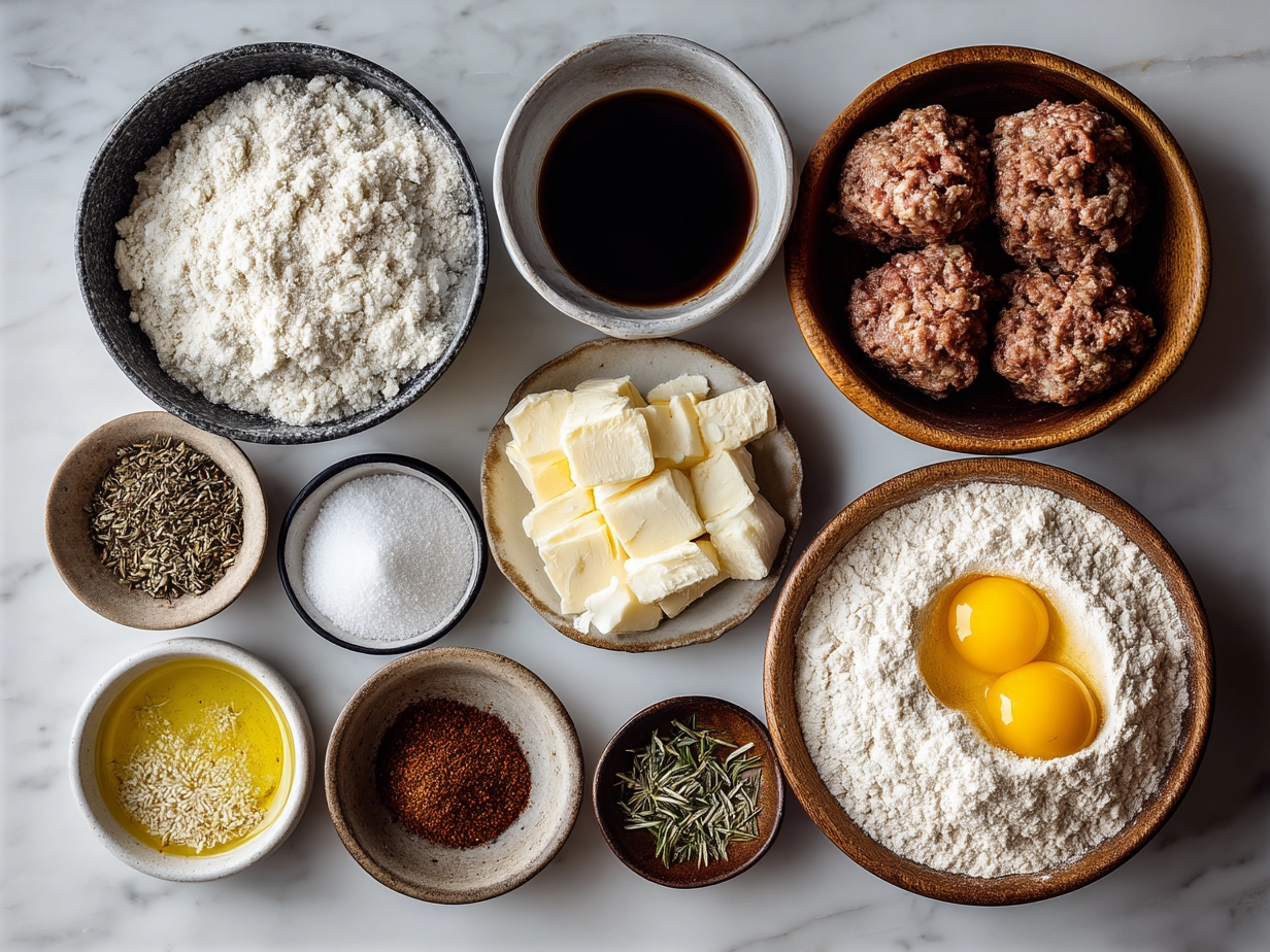 Ingredients for homemade sausage rolls including sausage meat, puff pastry, onion, garlic, parsley, mustard, and an egg