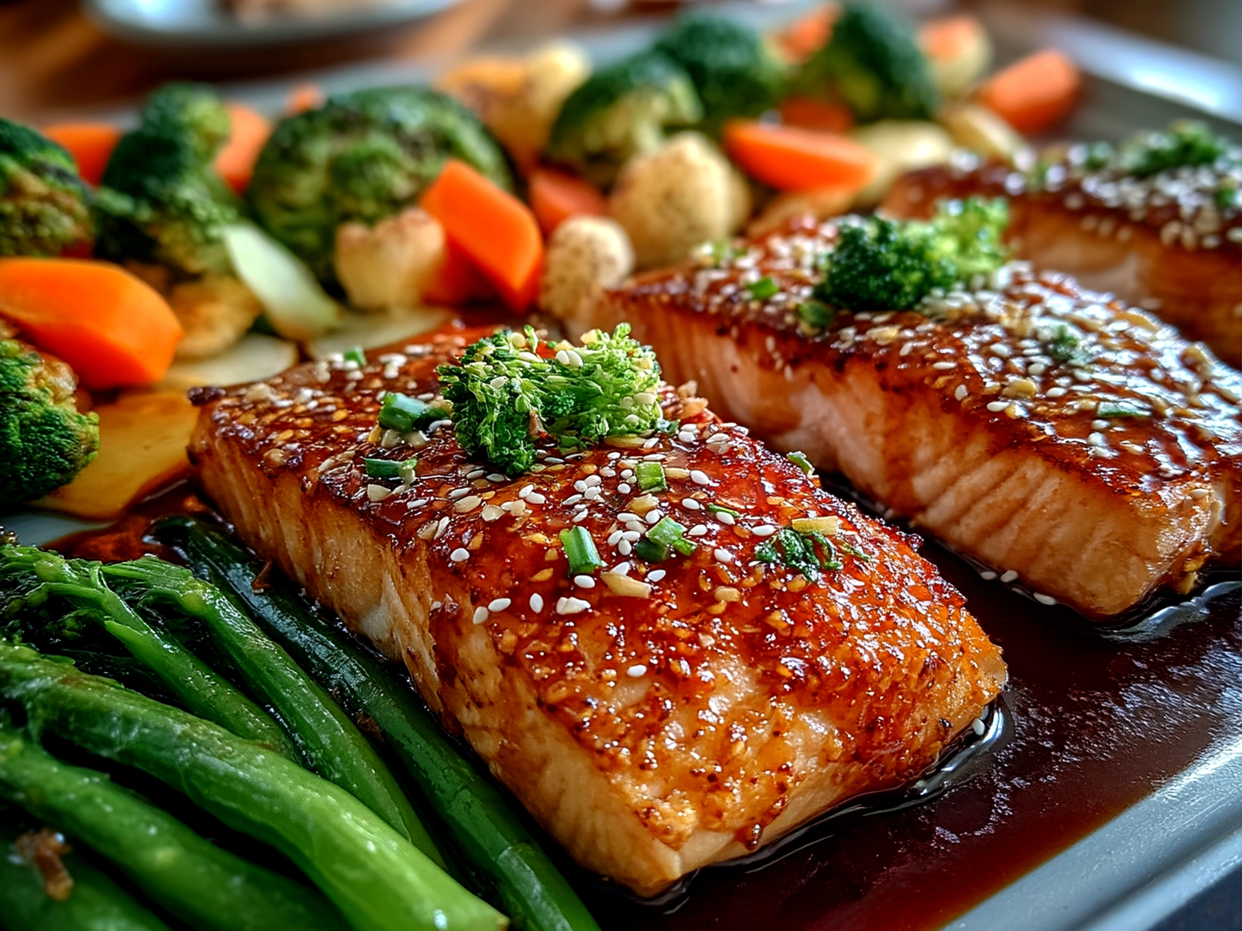 Finished Sheet Pan Teriyaki Salmon plated with fresh vegetables and garnished with sesame seeds and green onions