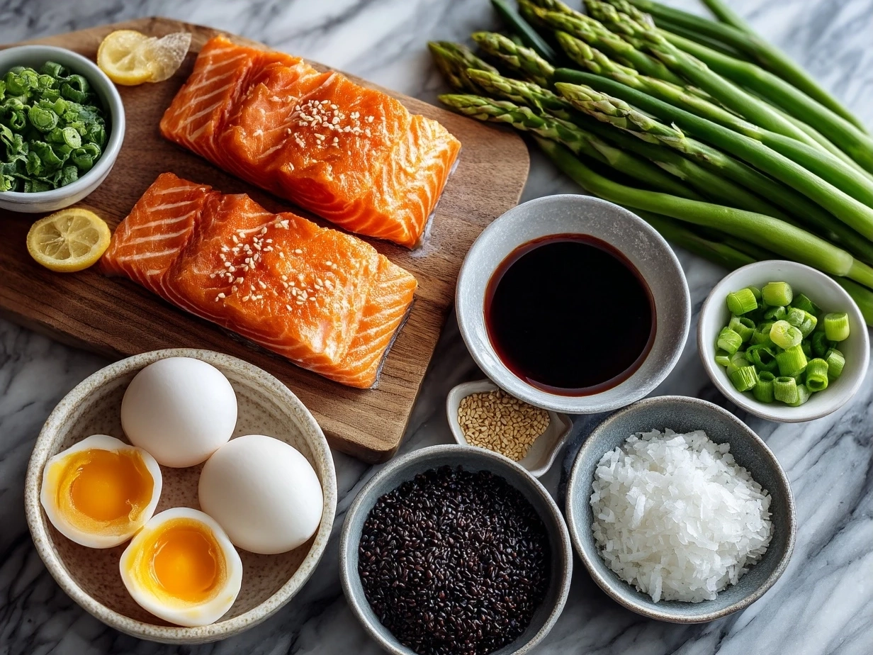 Ingredients for Sheet Pan Teriyaki Salmon including salmon fillets, soy sauce, garlic, and other pantry staples