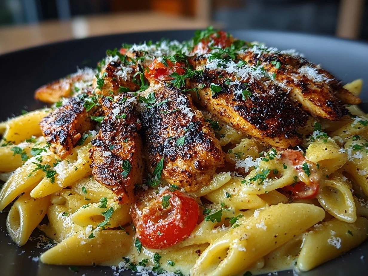 Slight angle close-up of finished creamy Cajun Chicken Pasta served and garnished