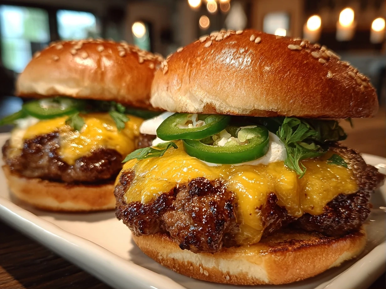 Close-up of finished Cheddar Jalapeño Burgers showcasing melted cheddar cheese and jalapeño slices on toasted buns.