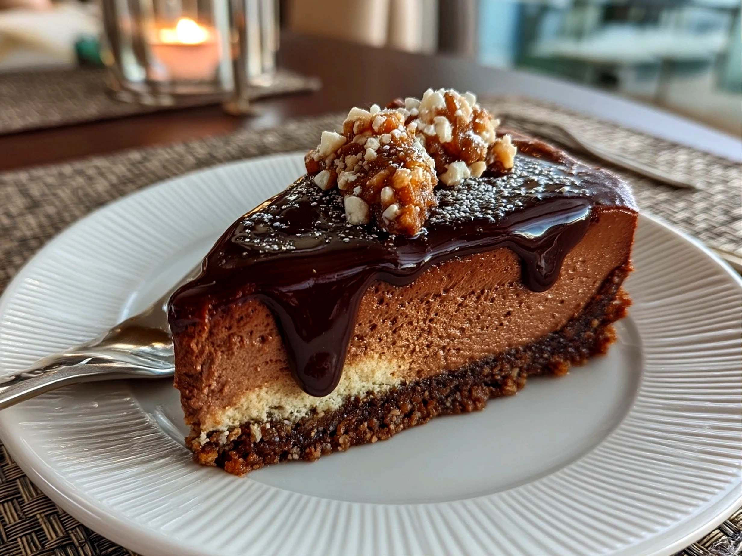 Slight angle close-up of a finished chocolate cheesecake slice with ganache