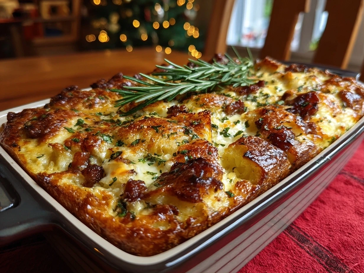 Slight angle close-up of finished Christmas Breakfast Casserole in baking dish