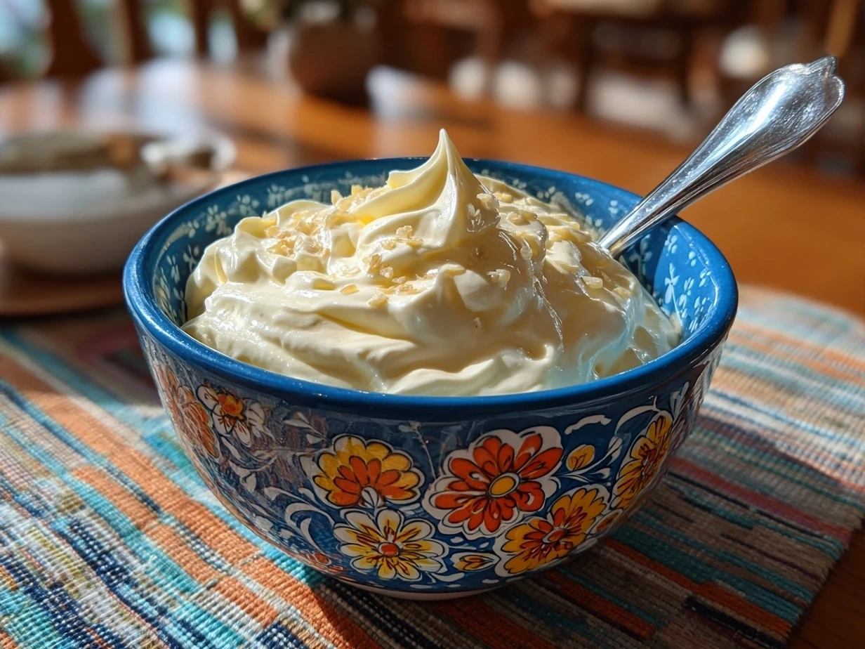 Slight angle close-up shot of finished homemade mayonnaise in a jar