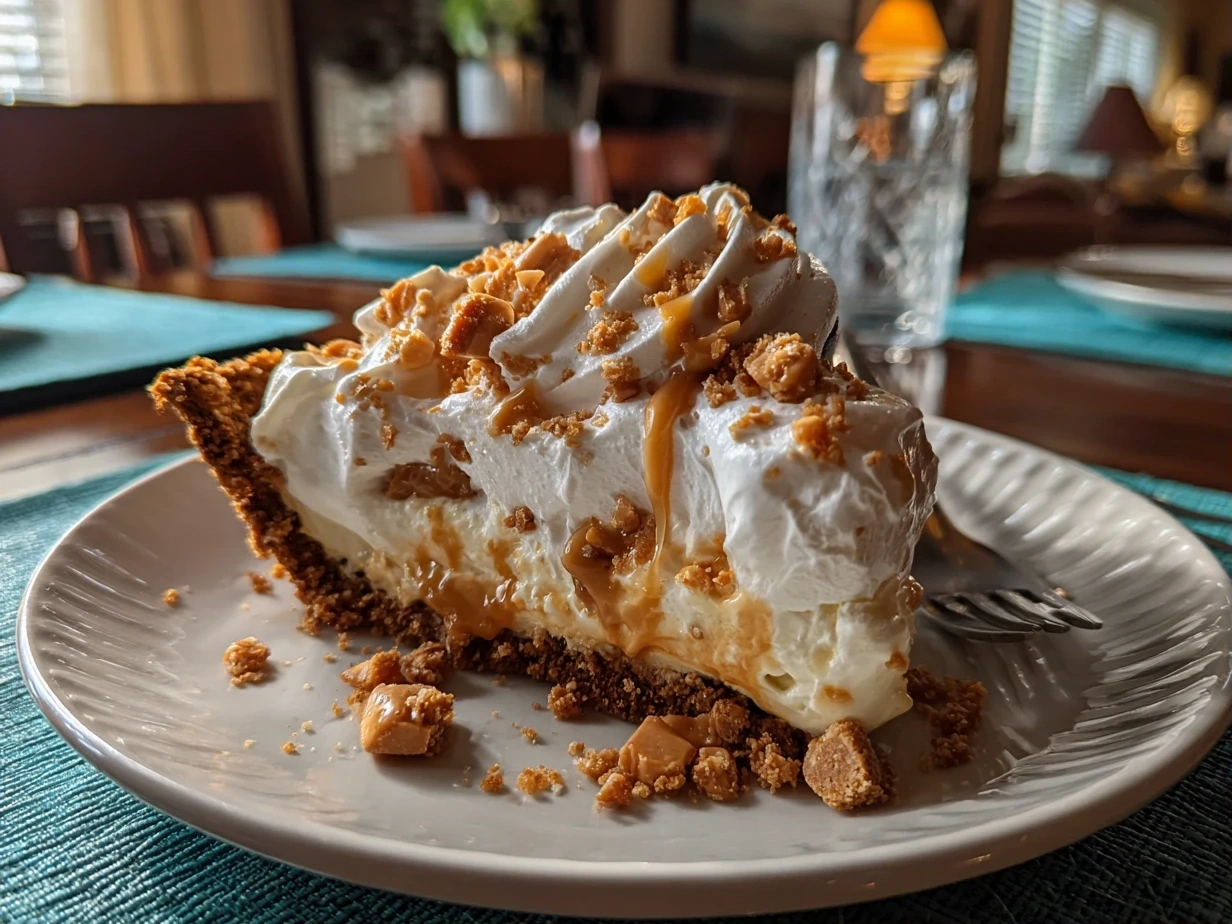 Close up of finished Old Fashioned Peanut Butter Pie slice