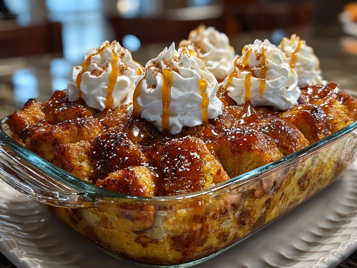 Slight angle close up of finished pumpkin spice French toast casserole