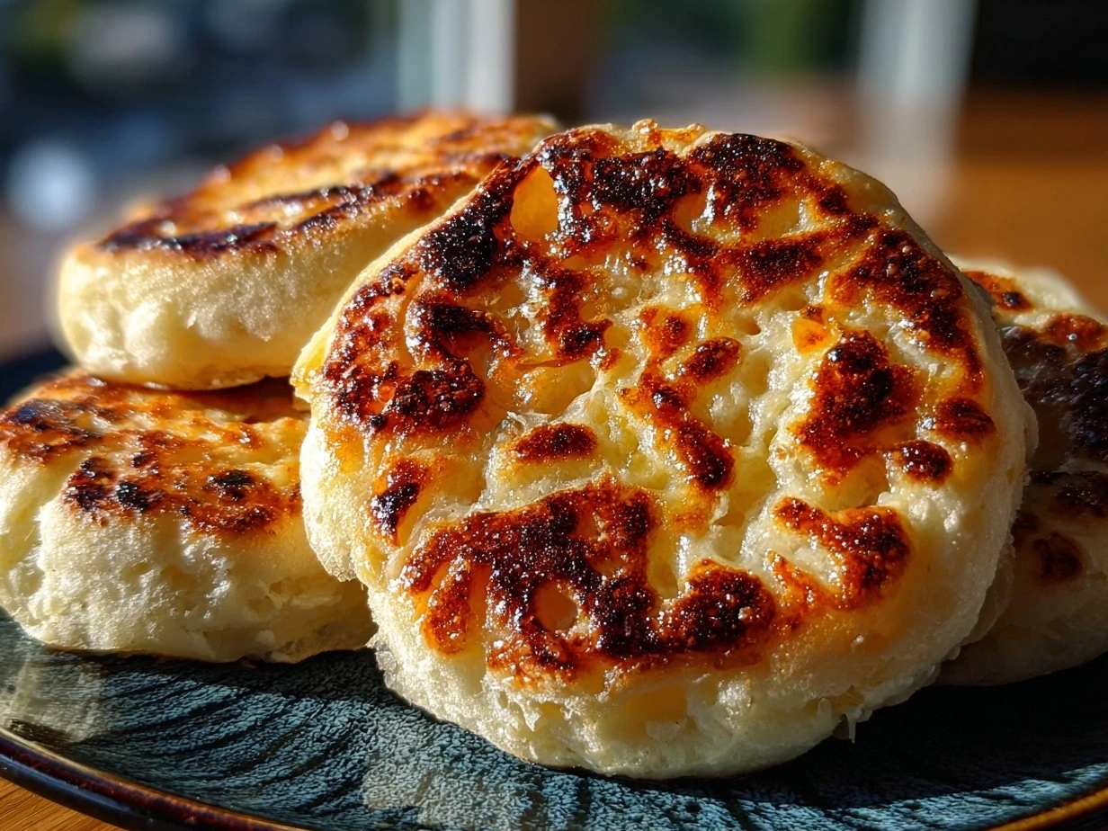 Close-up of golden finished sourdough English muffins showing their perfect texture
