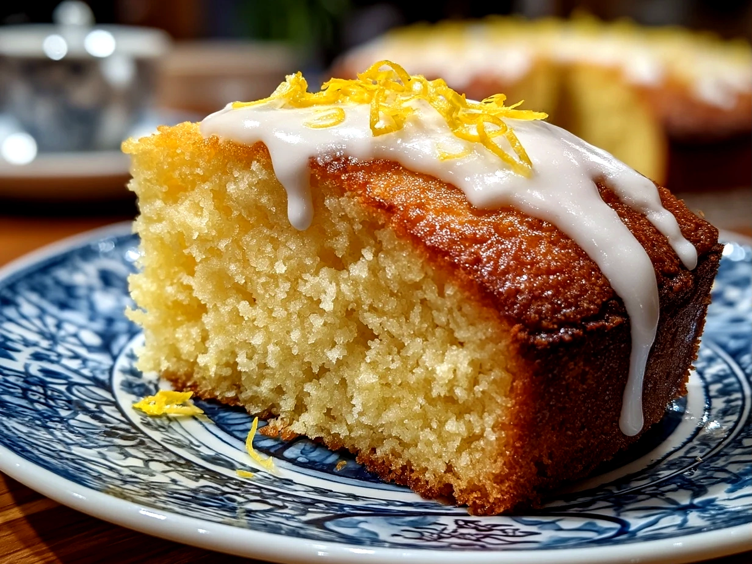 Slight angle close-up of finished Southern Lemon Cake with glossy lemon glaze