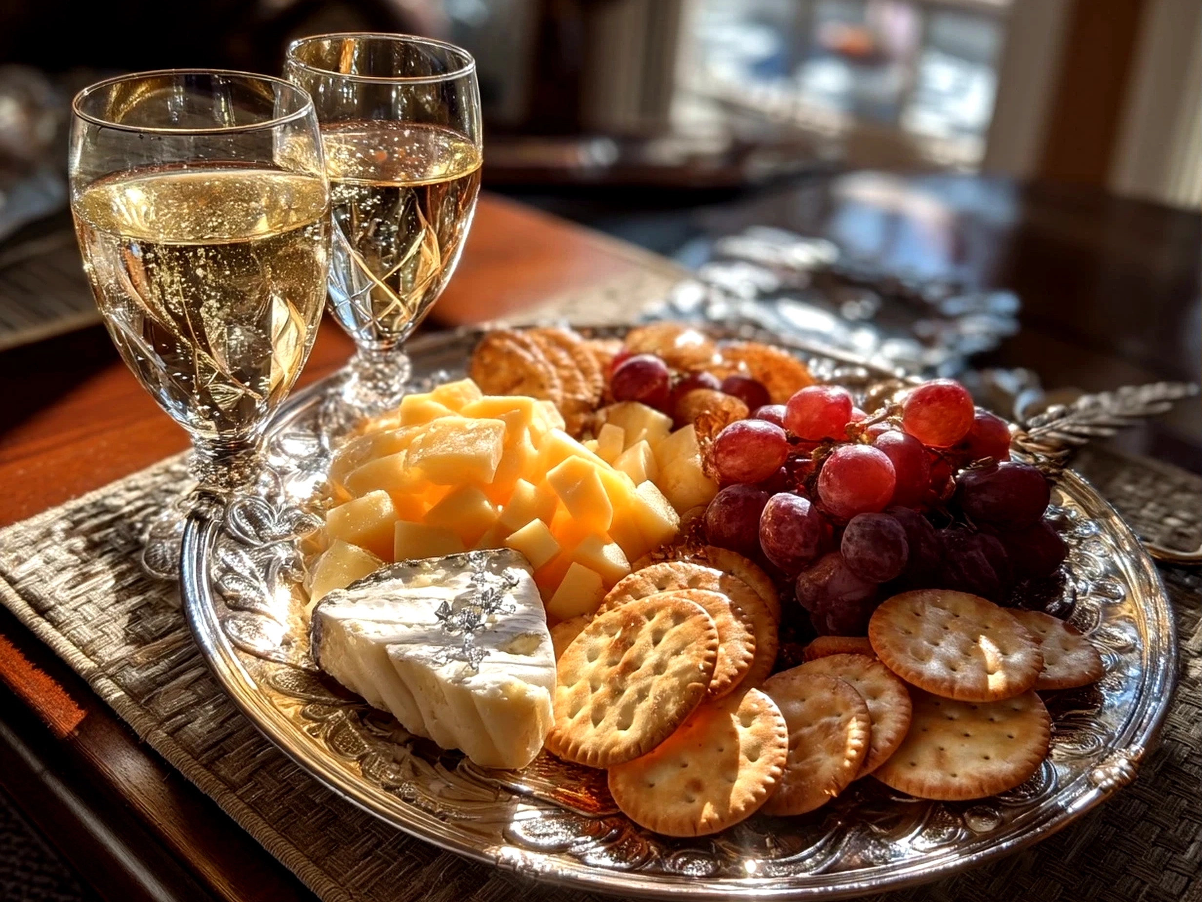 Close-up of finished Sparkling Grape and Silver Cracker Platter with grapes and cream cheese on crackers