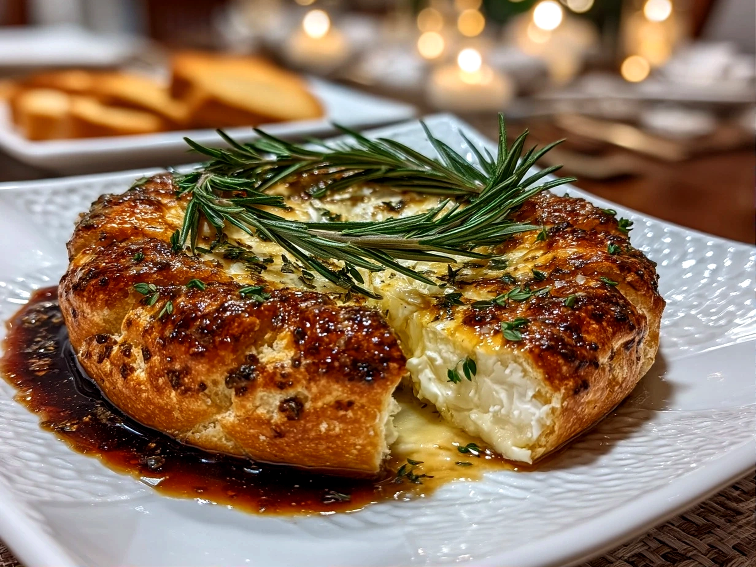 Close up of finished Brie Cheese Wheel with Rosemary Wreath arranged on cheese board with crackers and fruit