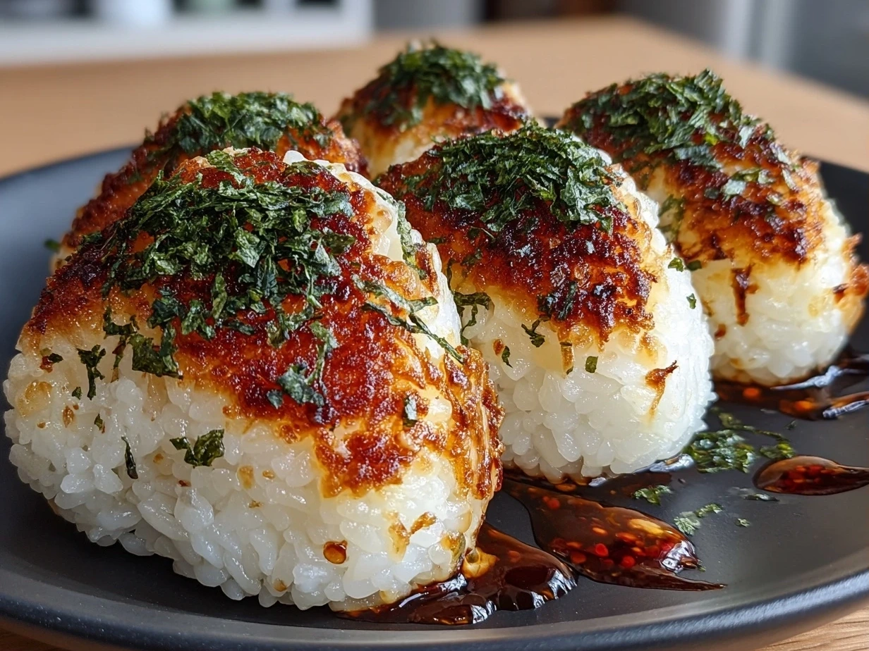Slight angle close-up of finished Easy Yaki Onigiri showing golden crisp rice balls with nori and sesame seeds