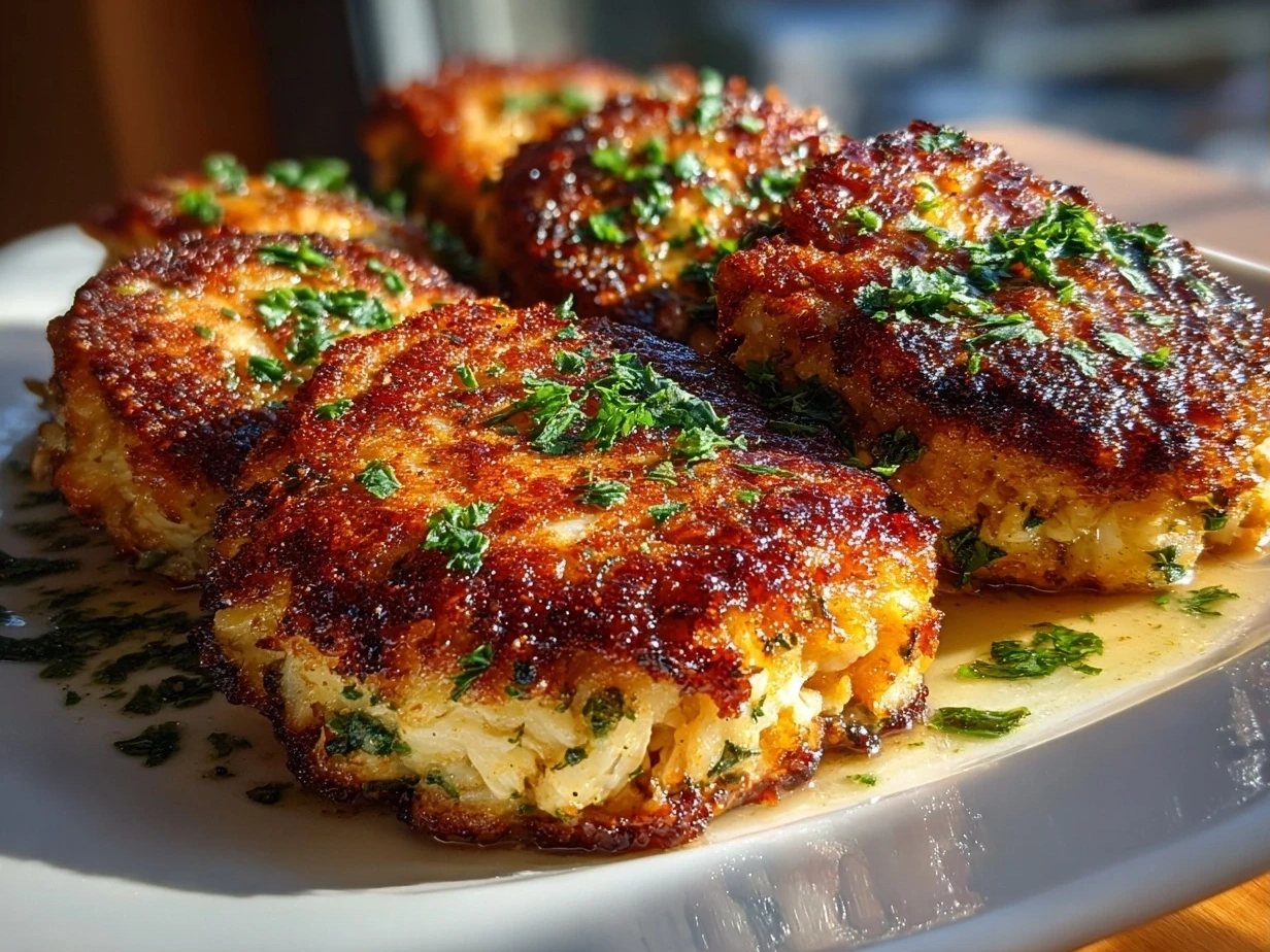Slight angle close-up of finished Maryland Crab Cakes with crispy golden crust and fresh parsley garnish