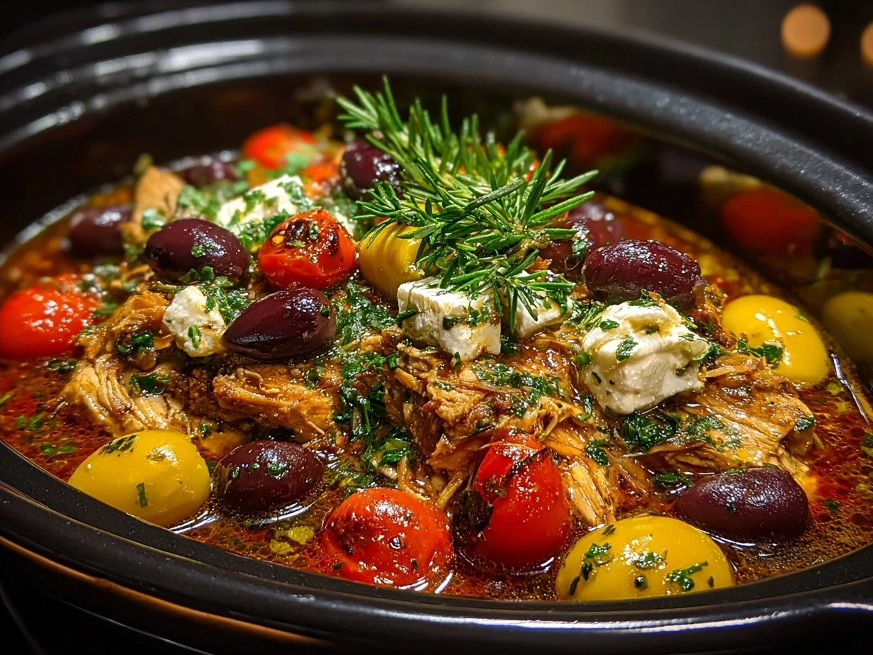 Finished Slow Cooker Greek Chicken served with lemon and olives