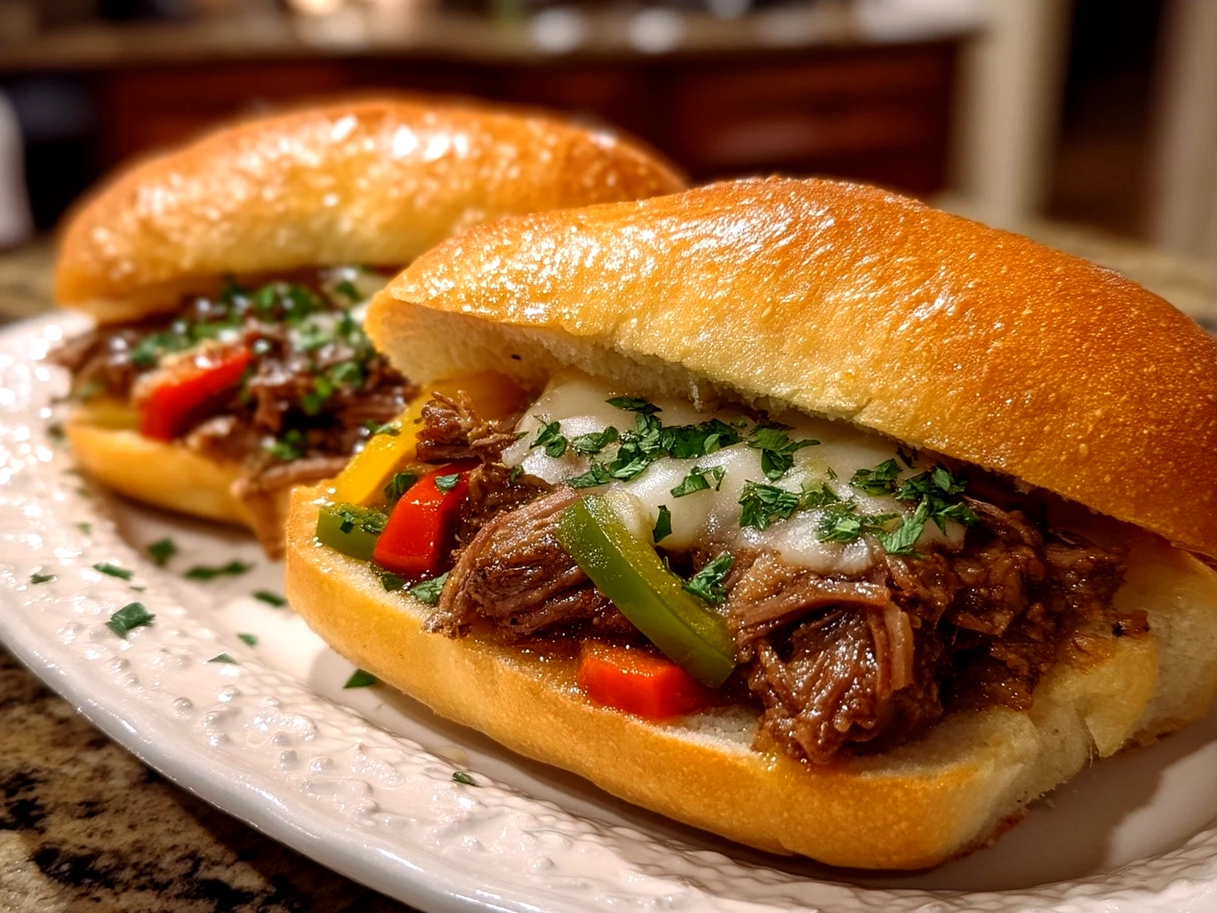 Slow Cooker Italian Beef Sandwiches served hot on hoagie rolls