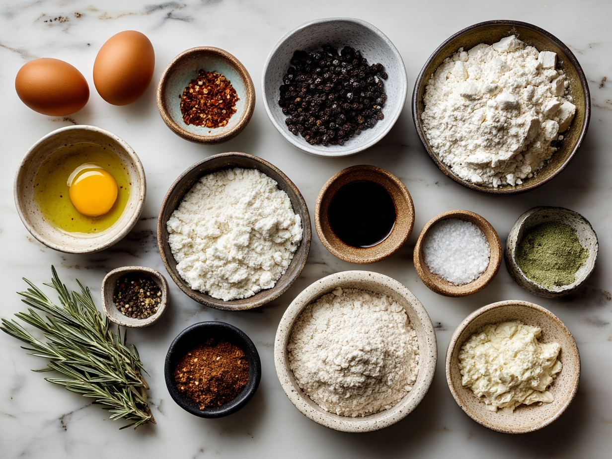 Ingredients for sourdough discard focaccia pizza laid out on a table