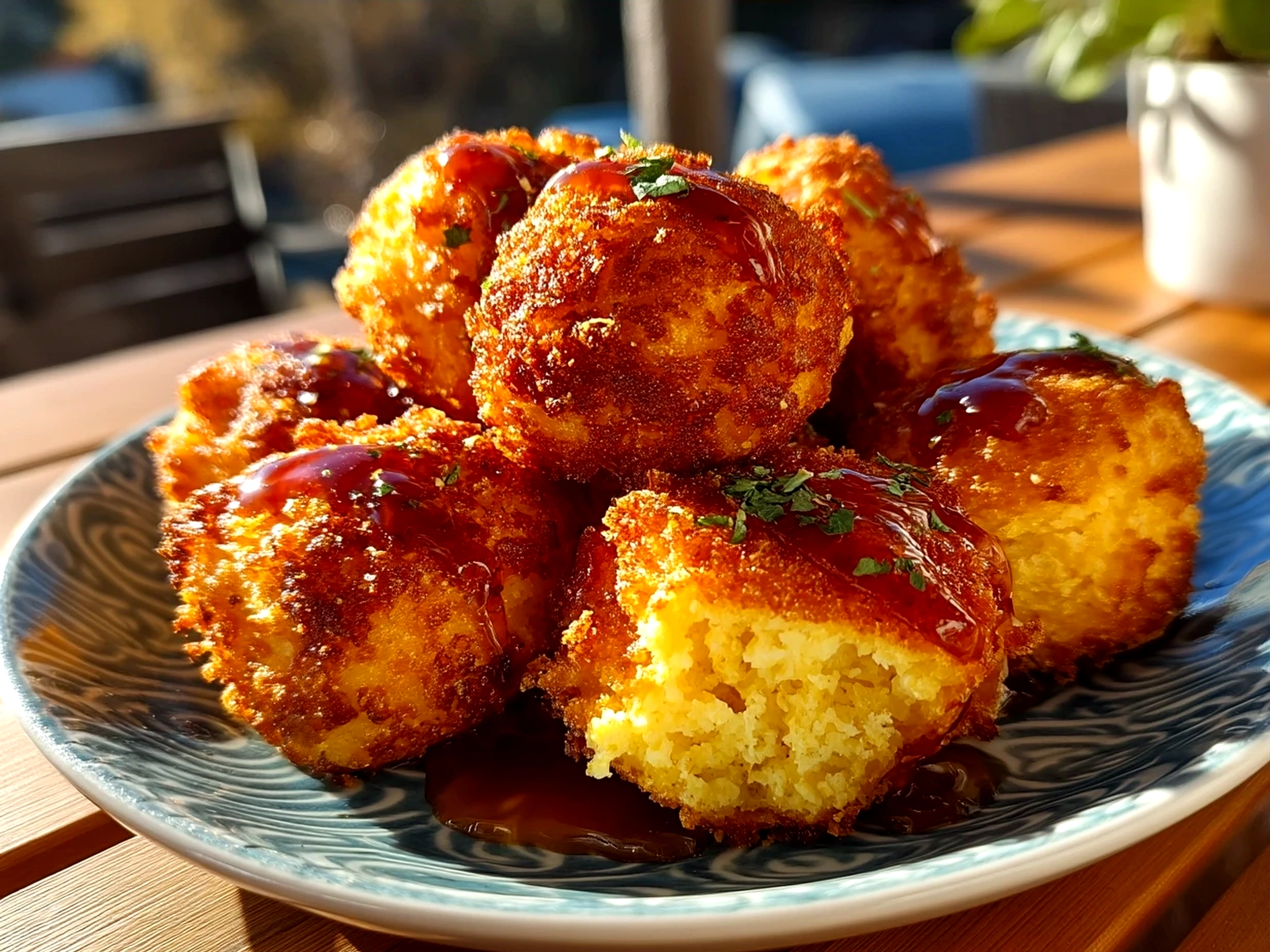 Golden crispy Southern Honey Butter Cornbread Poppers freshly glazed and served