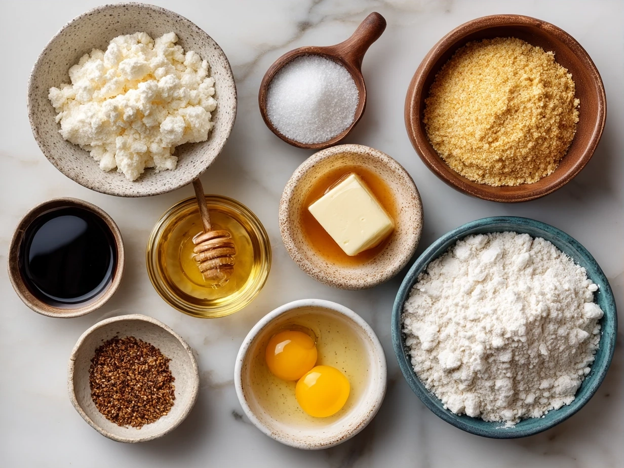 Ingredients for Southern Honey Butter Cornbread Poppers including cornmeal, flour, sugar, eggs, buttermilk, butter, and honey
