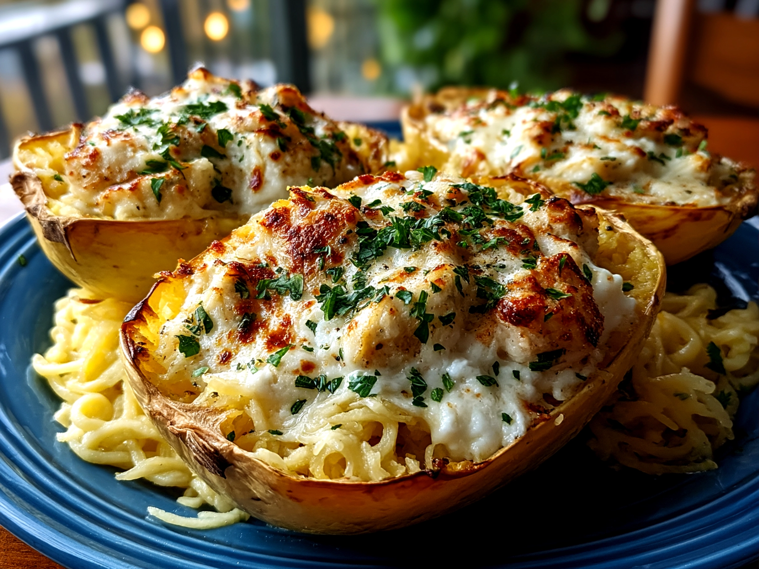 Completed Spaghetti Squash Alfredo Boats garnished with parsley on a plate ready to serve