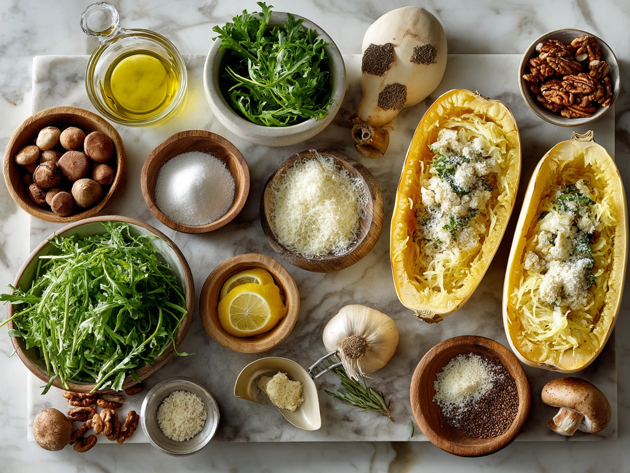 Ingredients for Spaghetti Squash Alfredo Boats including squash, cheese, garlic and cream