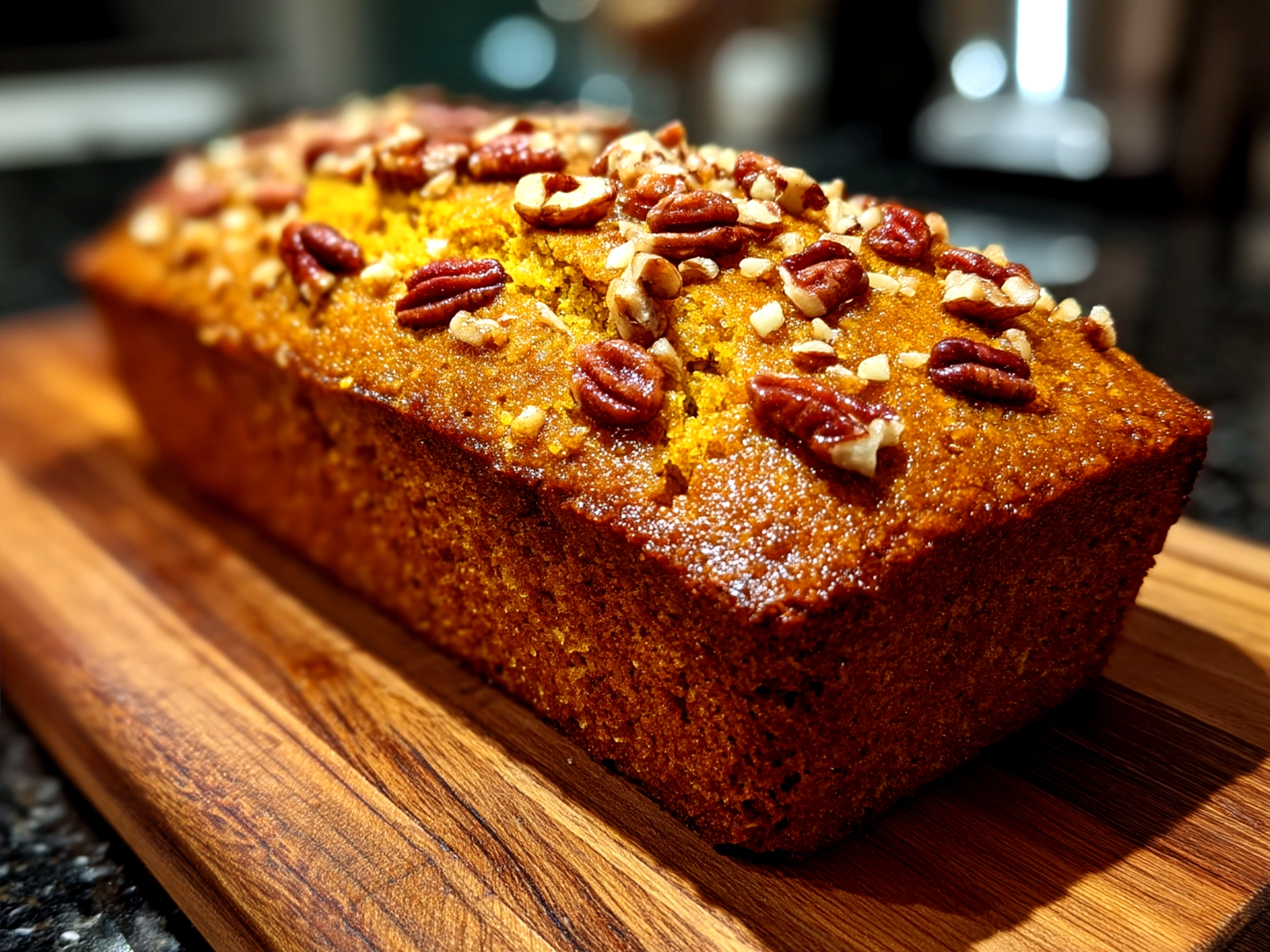 Slices of Spiced Pumpkin Bread with Toasted Nuts served on a plate with a cup of tea