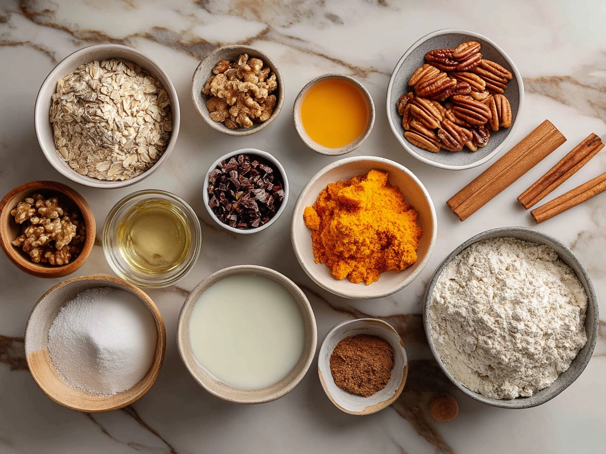 Ingredients for Spiced Pumpkin Bread with Toasted Nuts laid out on a kitchen counter