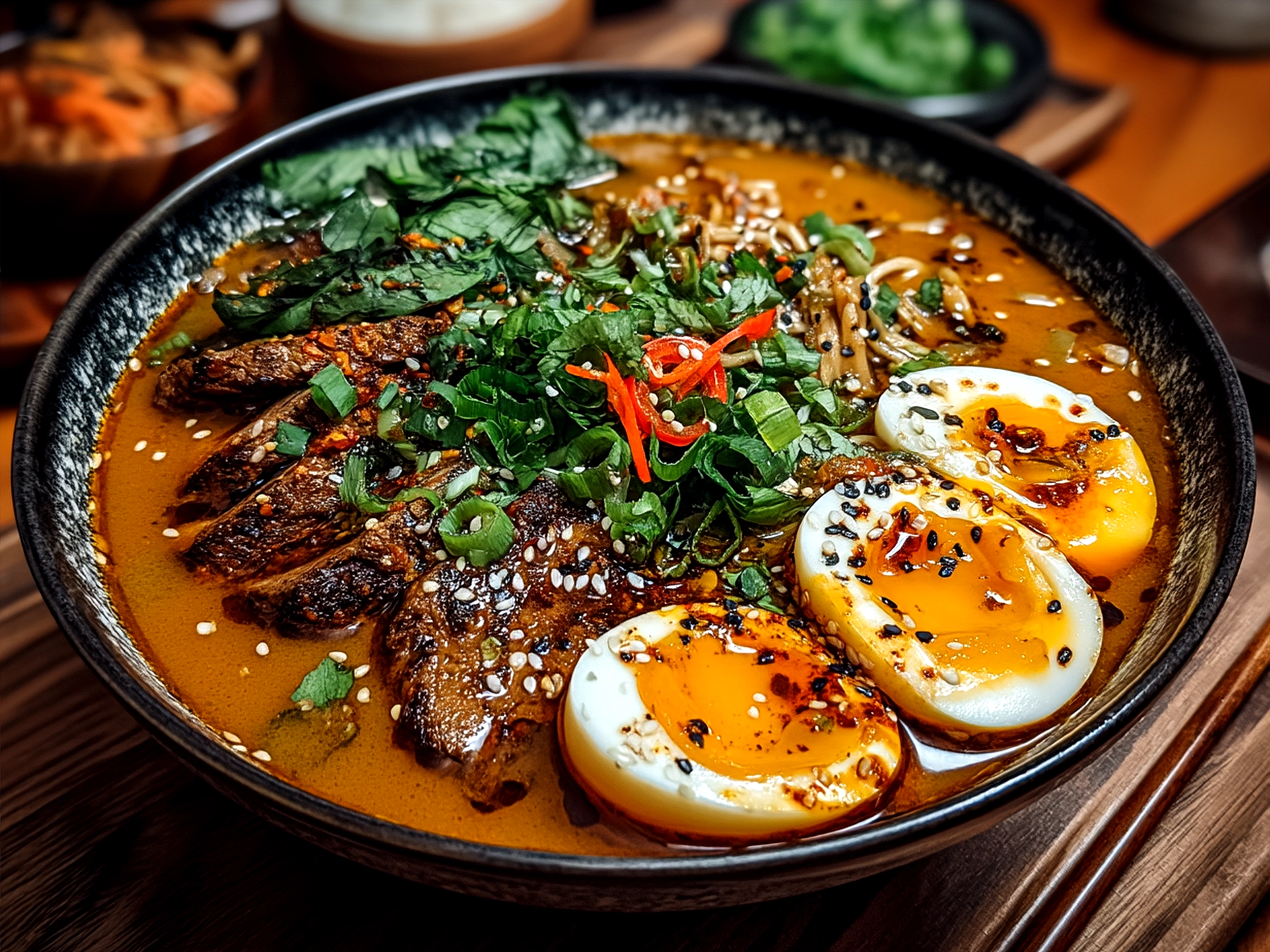 Bowl of spicy miso ramen with toppings ready to serve