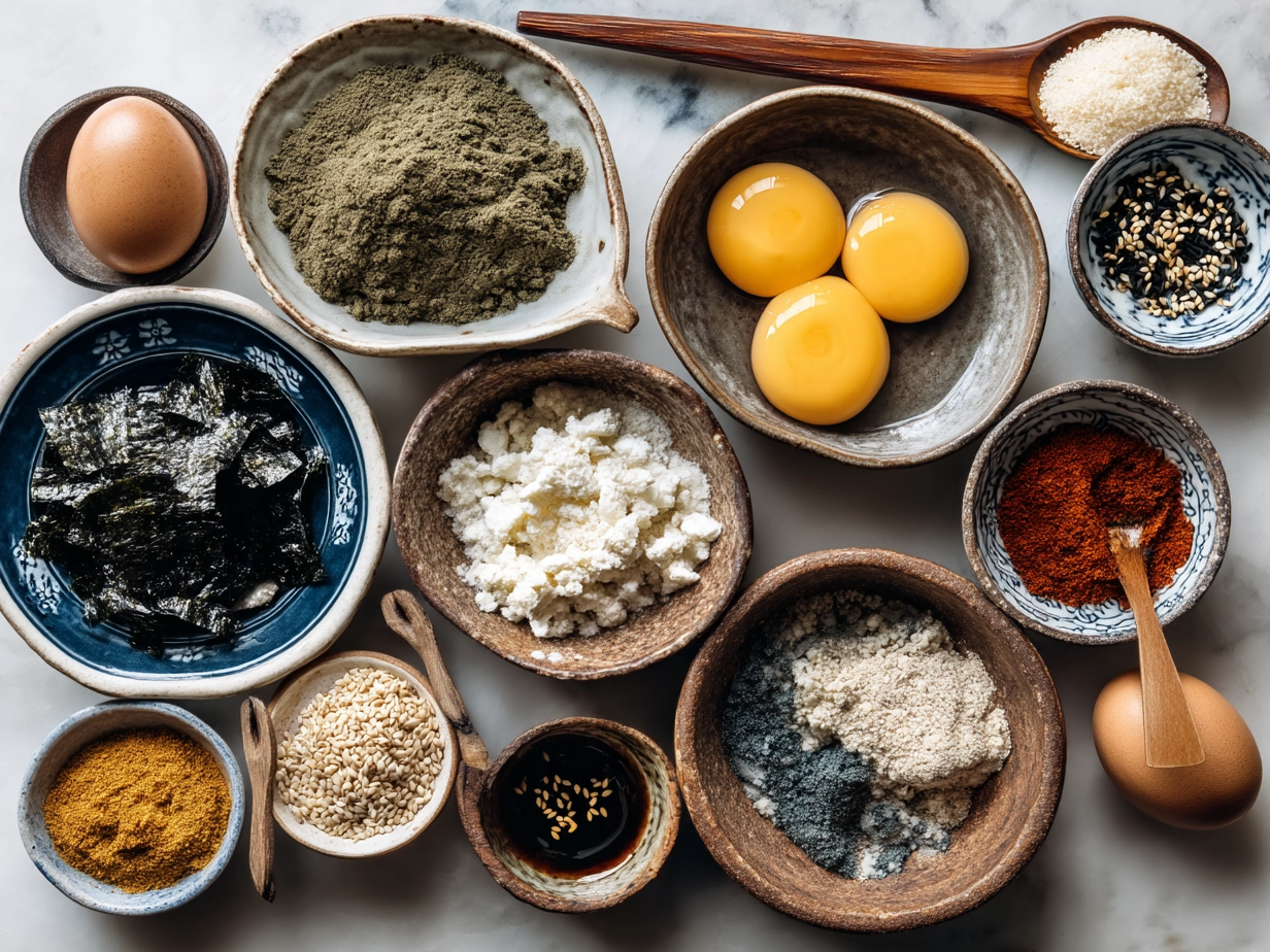 Ingredients for spicy miso ramen arranged on a wooden table